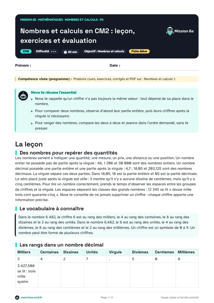 Aperçu du PDF à imprimer : Nombres et calculs en CM2 : leçon, exercices et évaluation