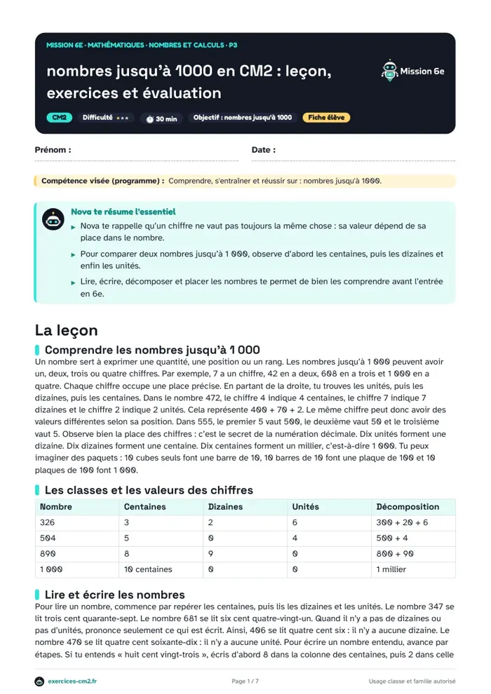 Aperçu du PDF à imprimer : Nombres jusqu'à 1000 en CM2 : leçon, exercices et évaluation