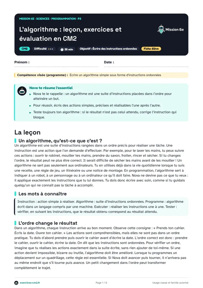 Aperçu du PDF à imprimer : L’algorithme : leçon, exercices et évaluation en CM2