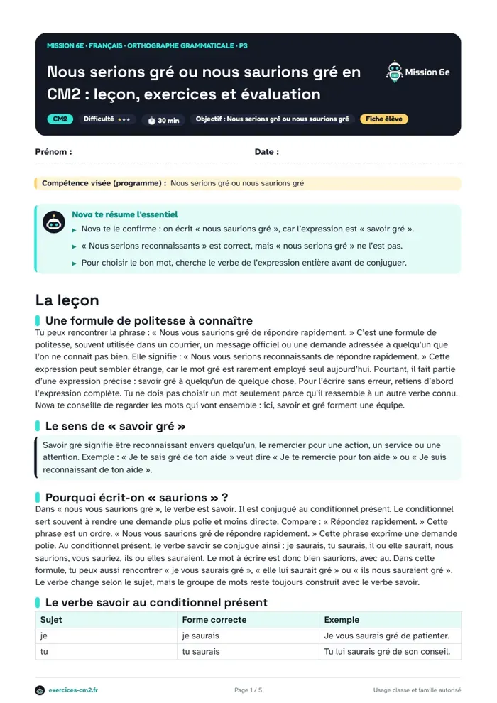 Aperçu du PDF à imprimer : Nous serions gré ou nous saurions gré en CM2 : leçon, exercices et évaluation