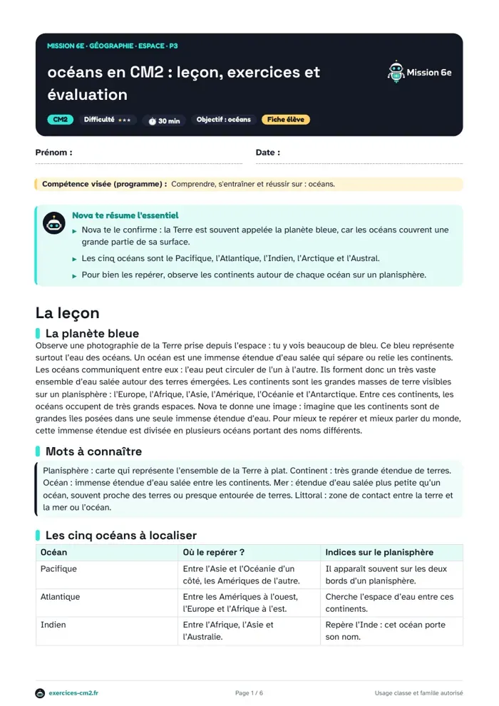 Aperçu du PDF à imprimer : Océans en CM2 : leçon, exercices et évaluation