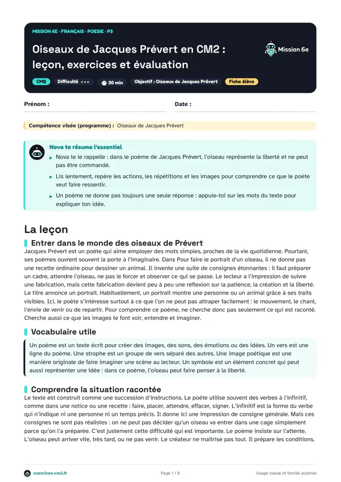 Aperçu du PDF à imprimer : Oiseaux de Jacques Prévert en CM2 : leçon, exercices et évaluation