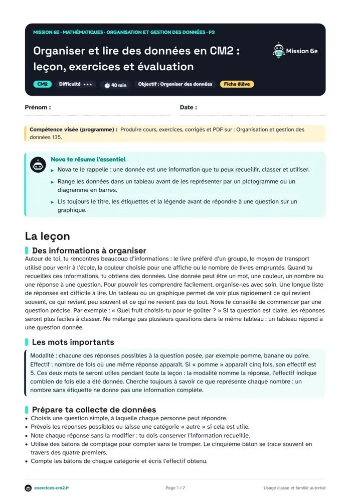 Aperçu du PDF à imprimer : Organiser et lire des données en CM2 : leçon, exercices et évaluation