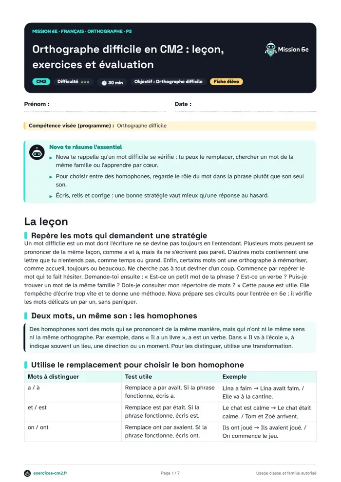 Aperçu du PDF à imprimer : Orthographe difficile en CM2 : leçon, exercices et évaluation