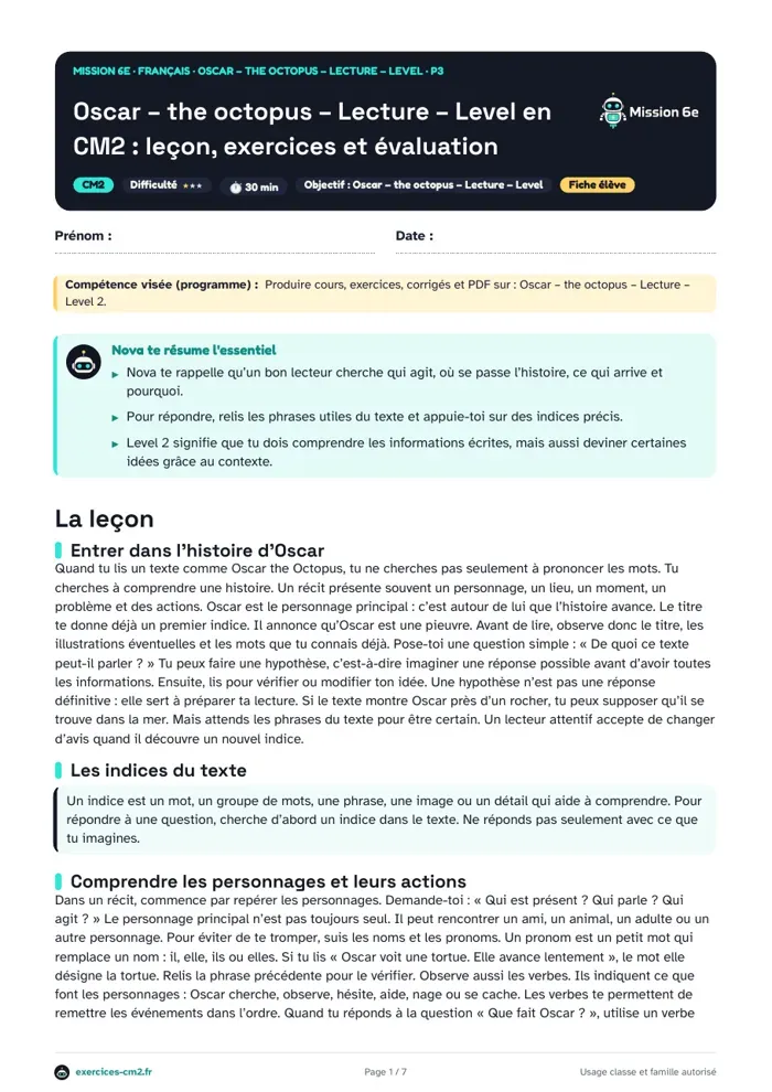 Aperçu du PDF à imprimer : Oscar the Octopus, lecture Level 2 en CM2 : lire les indices d’un récit