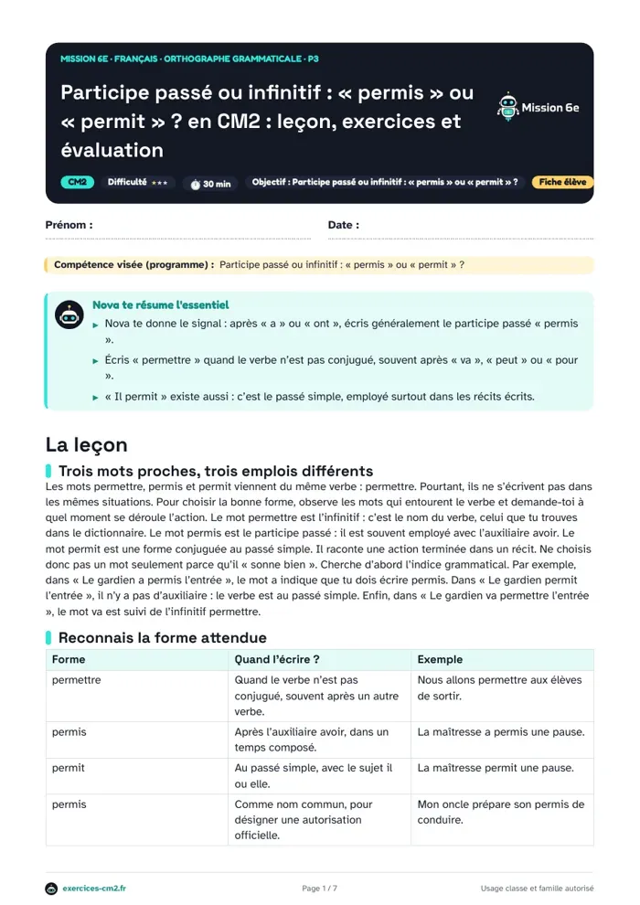 Aperçu du PDF à imprimer : Participe passé ou infinitif en CM2 : « permis » ou « permit » ? Leçon, exercices et évaluation