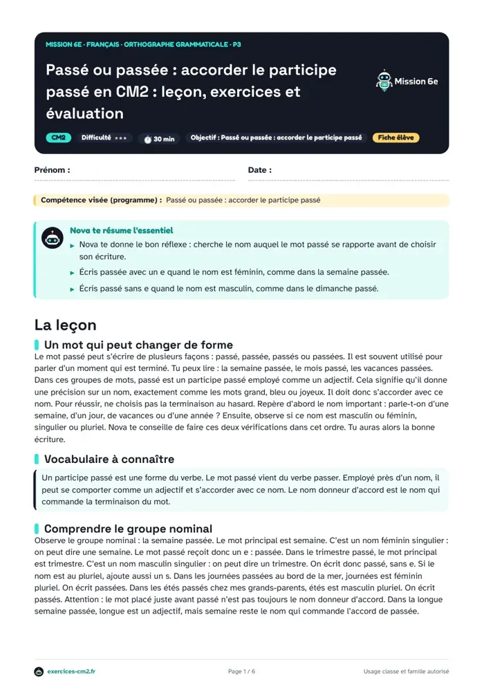 Aperçu du PDF à imprimer : Passé ou passée, accorder le participe passé en CM2 : leçon, exercices et évaluation