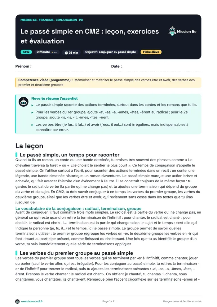 Aperçu du PDF à imprimer : Le passé simple en CM2 : leçon, exercices et évaluation
