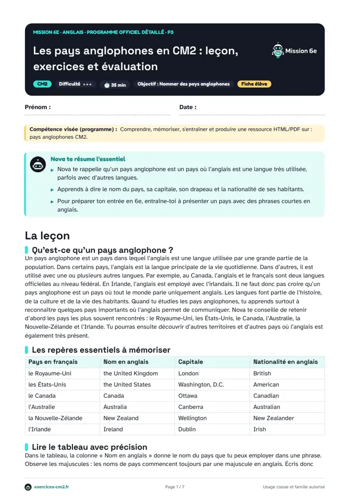 Aperçu du PDF à imprimer : Les pays anglophones en CM2 : leçon, exercices et évaluation