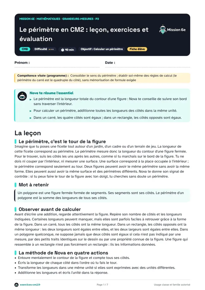 Aperçu du PDF à imprimer : Le périmètre en CM2 : leçon, exercices et évaluation