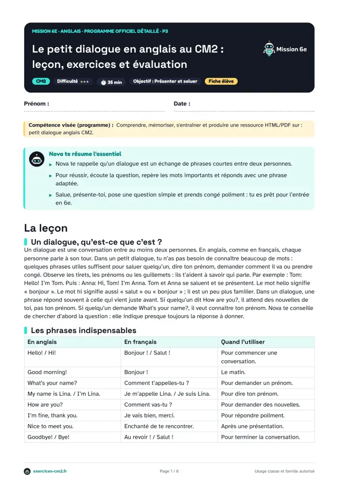 Aperçu du PDF à imprimer : Le petit dialogue en anglais au CM2 : leçon, exercices et évaluation