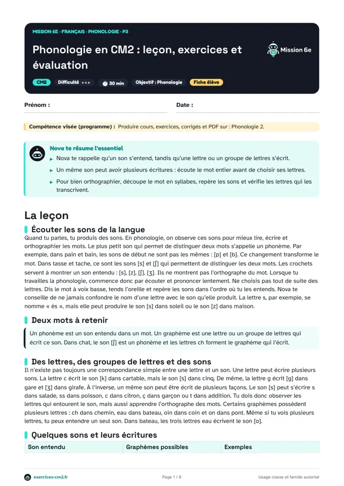 Aperçu du PDF à imprimer : Phonologie en CM2 : leçon, exercices et évaluation