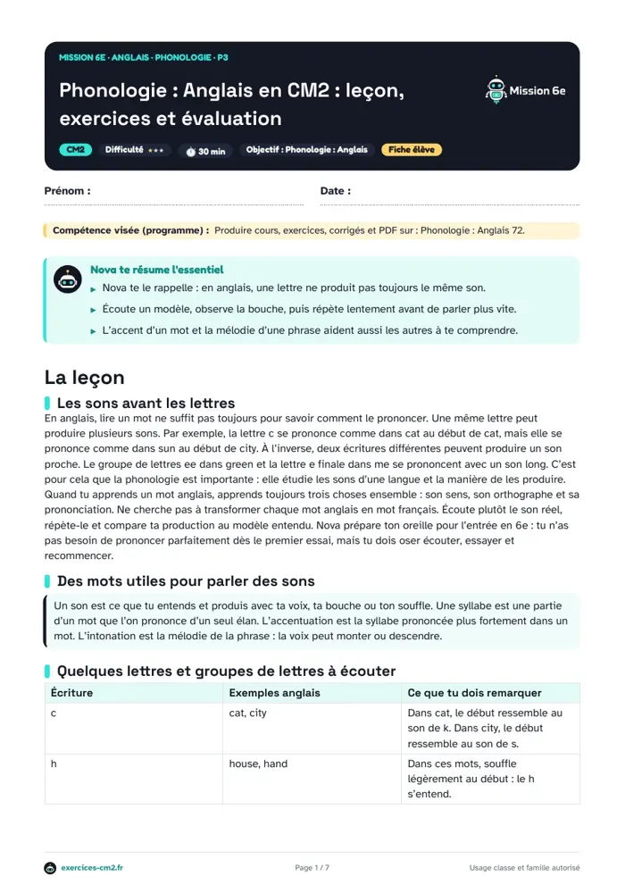 Aperçu du PDF à imprimer : Prononcer l’anglais en CM2 : sons th et h, accent de mot et intonation