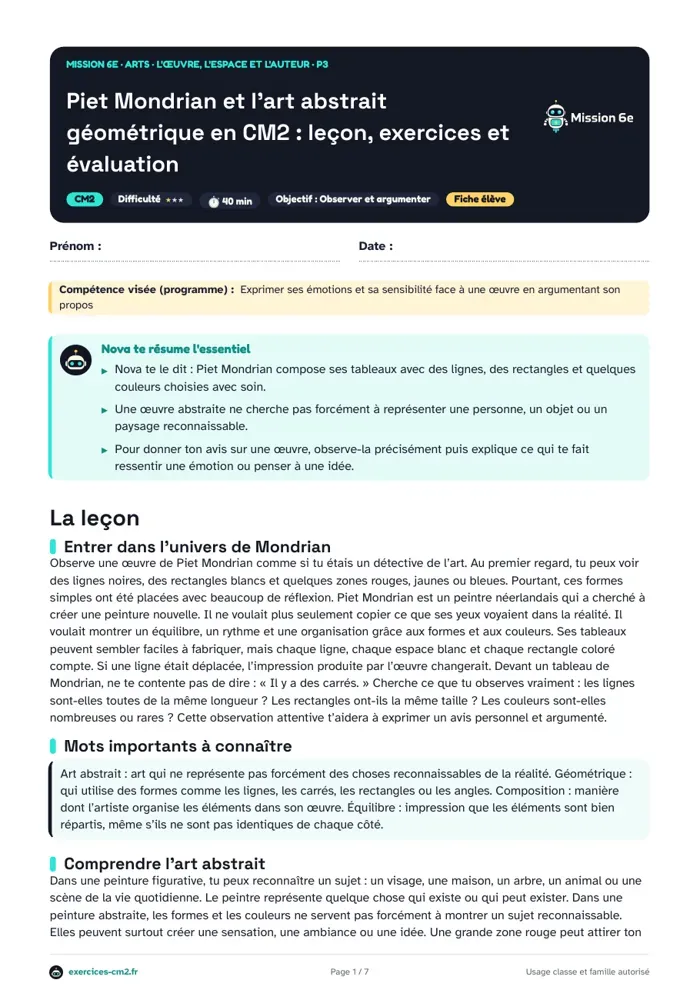 Aperçu du PDF à imprimer : Piet Mondrian et l’art abstrait géométrique en CM2 : leçon, exercices et évaluation