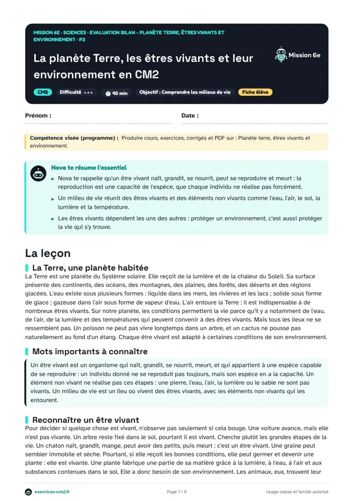 Aperçu du PDF à imprimer : La planète Terre, les êtres vivants et leur environnement en CM2
