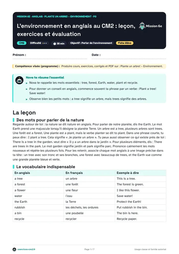 Aperçu du PDF à imprimer : L’environnement en anglais au CM2 : leçon, exercices et évaluation