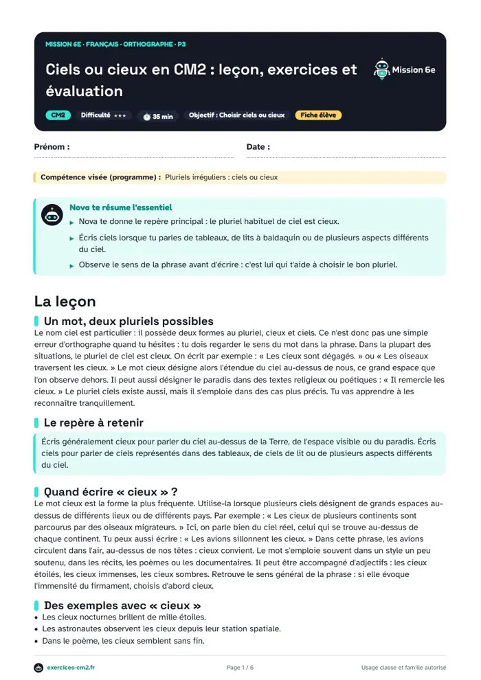 Aperçu du PDF à imprimer : Ciels ou cieux en CM2 : leçon, exercices et évaluation