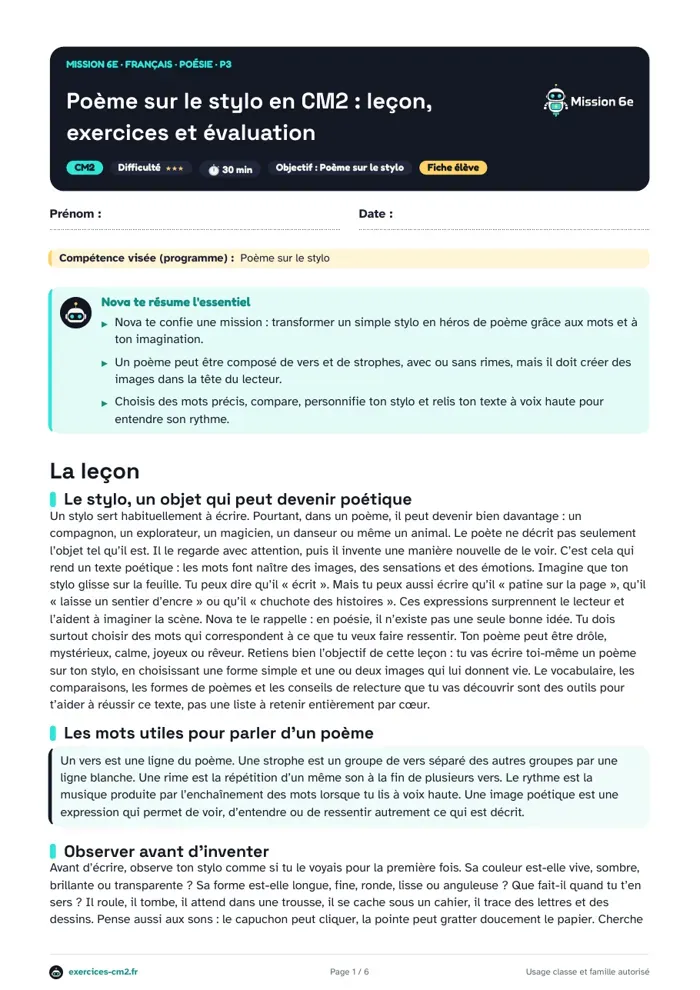 Aperçu du PDF à imprimer : Poème sur le stylo en CM2 : leçon, exercices et évaluation