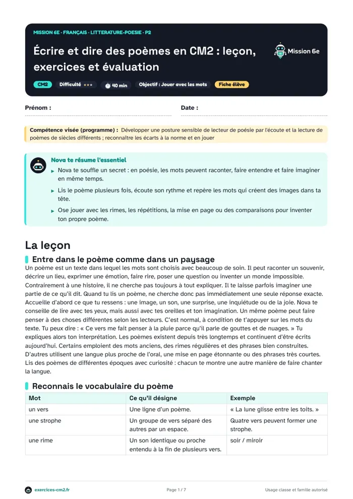 Aperçu du PDF à imprimer : Écrire et dire des poèmes en CM2 : leçon, exercices et évaluation