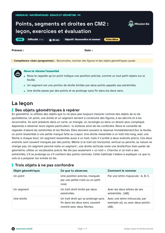 Aperçu du PDF à imprimer : Points, segments et droites en CM2 : leçon, exercices et évaluation