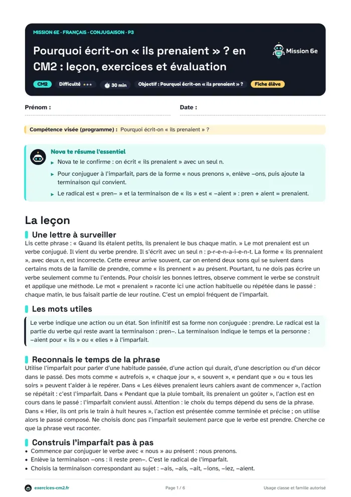 Aperçu du PDF à imprimer : Pourquoi écrit-on « ils prenaient » ? en CM2 : leçon, exercices et évaluation