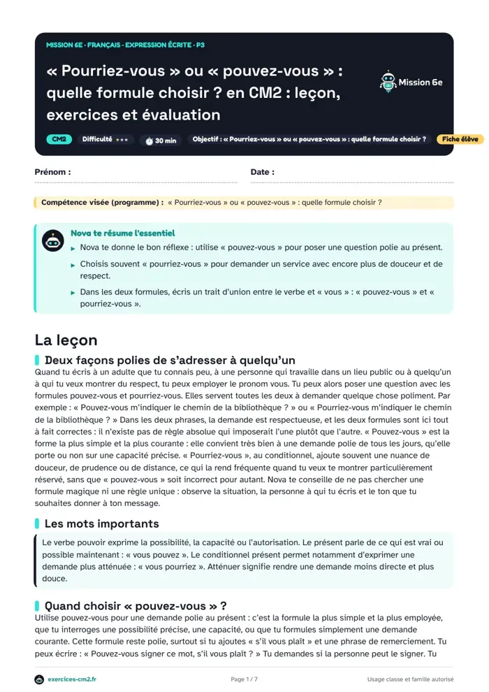 Aperçu du PDF à imprimer : « Pourriez-vous » ou « pouvez-vous » en CM2 : quelle formule choisir ? Leçon, exercices et évaluation
