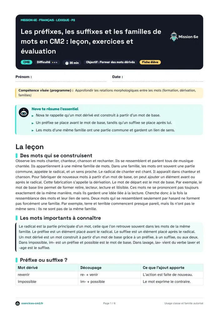 Aperçu du PDF à imprimer : Les préfixes, les suffixes et les familles de mots en CM2 : leçon, exercices et évaluation
