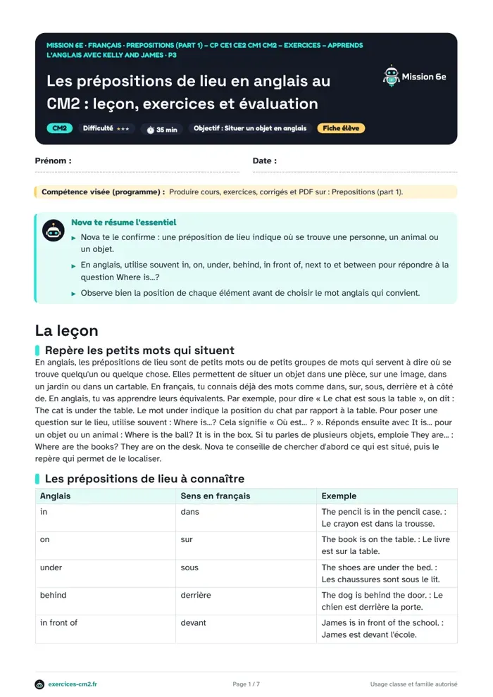 Aperçu du PDF à imprimer : Les prépositions de lieu en anglais au CM2 : leçon, exercices et évaluation