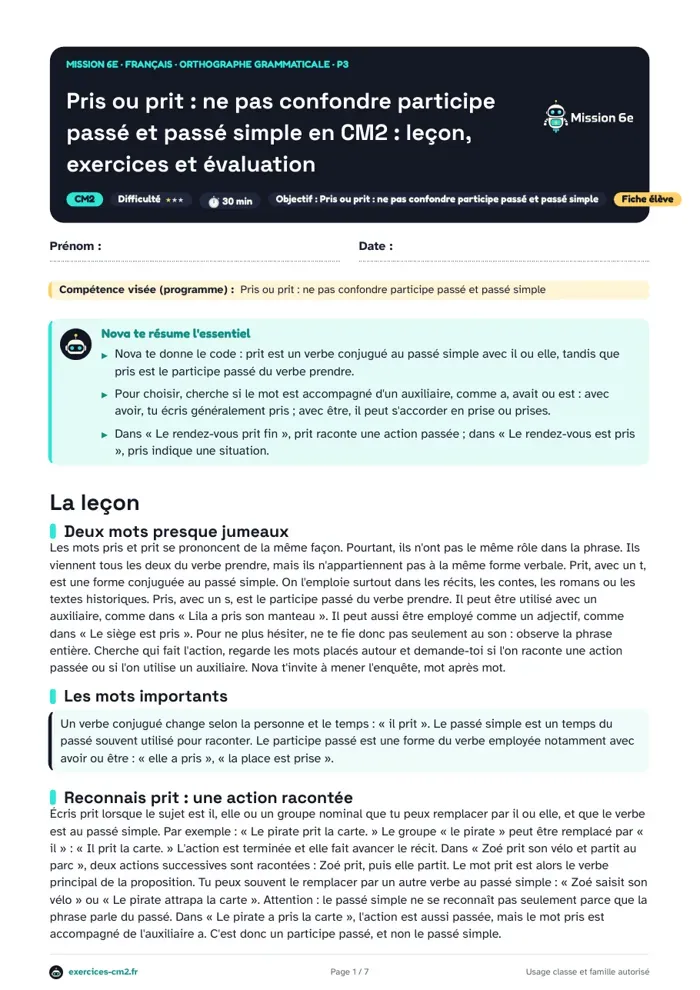 Aperçu du PDF à imprimer : Pris ou prit, ne pas confondre participe passé et passé simple en CM2 : leçon, exercices et évaluation