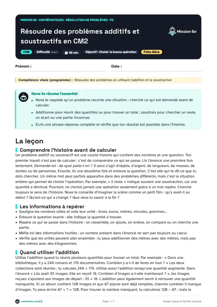 Aperçu du PDF à imprimer : Résoudre des problèmes additifs et soustractifs en CM2