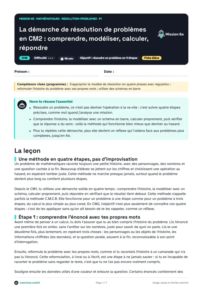 Aperçu du PDF à imprimer : La démarche de résolution de problèmes en CM2 : comprendre, modéliser, calculer, répondre