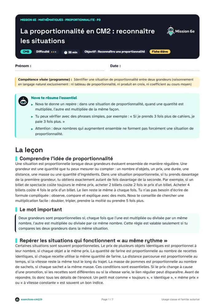Aperçu du PDF à imprimer : La proportionnalité en CM2 : reconnaître les situations
