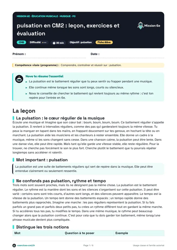 Aperçu du PDF à imprimer : Pulsation en CM2 : leçon, exercices et évaluation