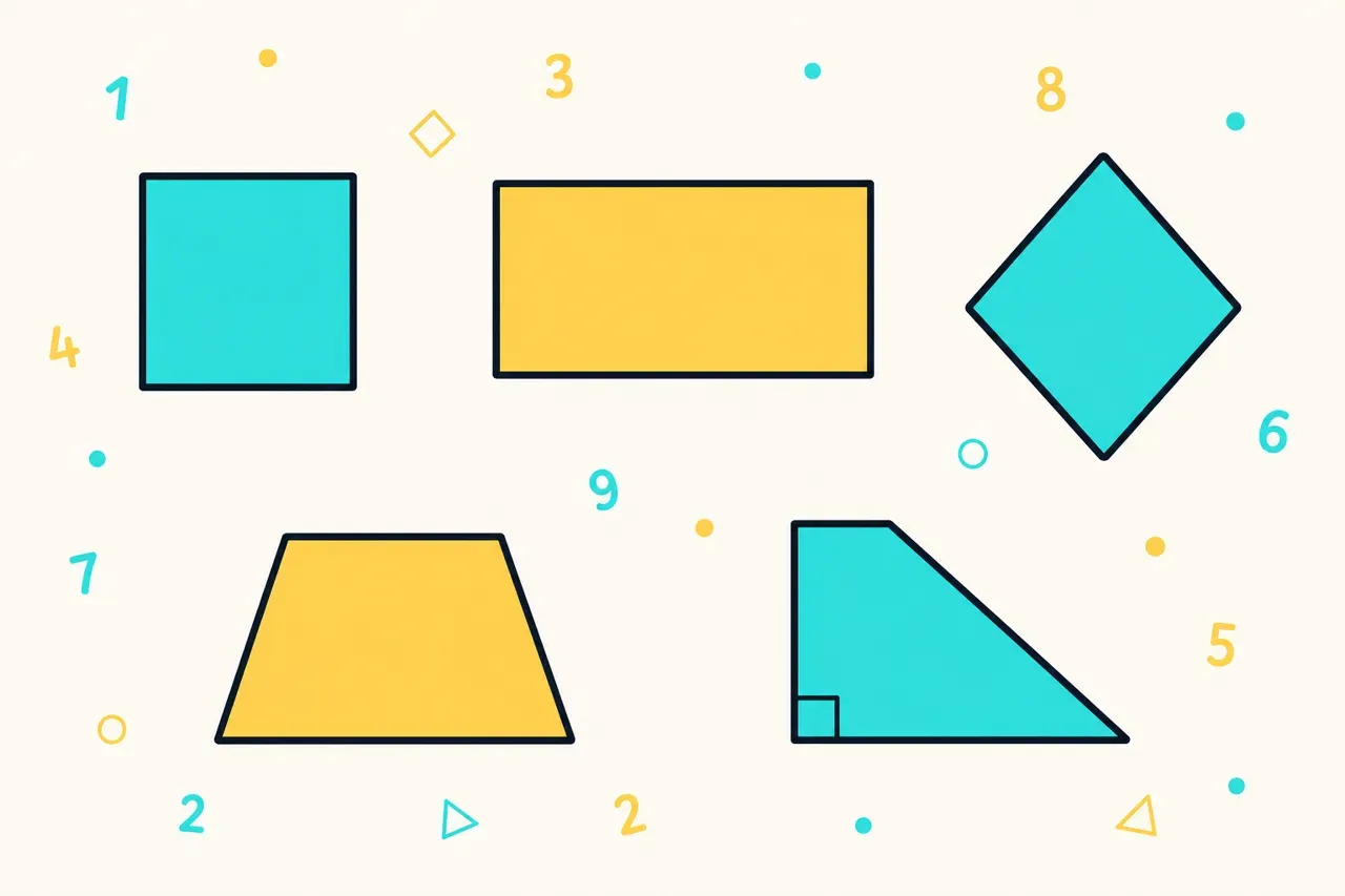 Les quadrilatères : carré, rectangle, losange, trapèze, trapèze rectangle — illustration Mission 6e