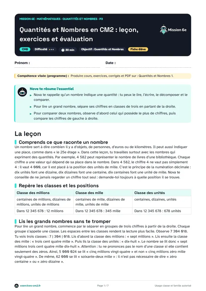 Aperçu du PDF à imprimer : Quantités et nombres en CM2 : leçon, exercices et évaluation