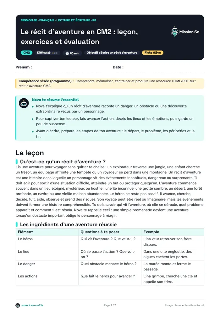 Aperçu du PDF à imprimer : Le récit d’aventure en CM2 : leçon, exercices et évaluation