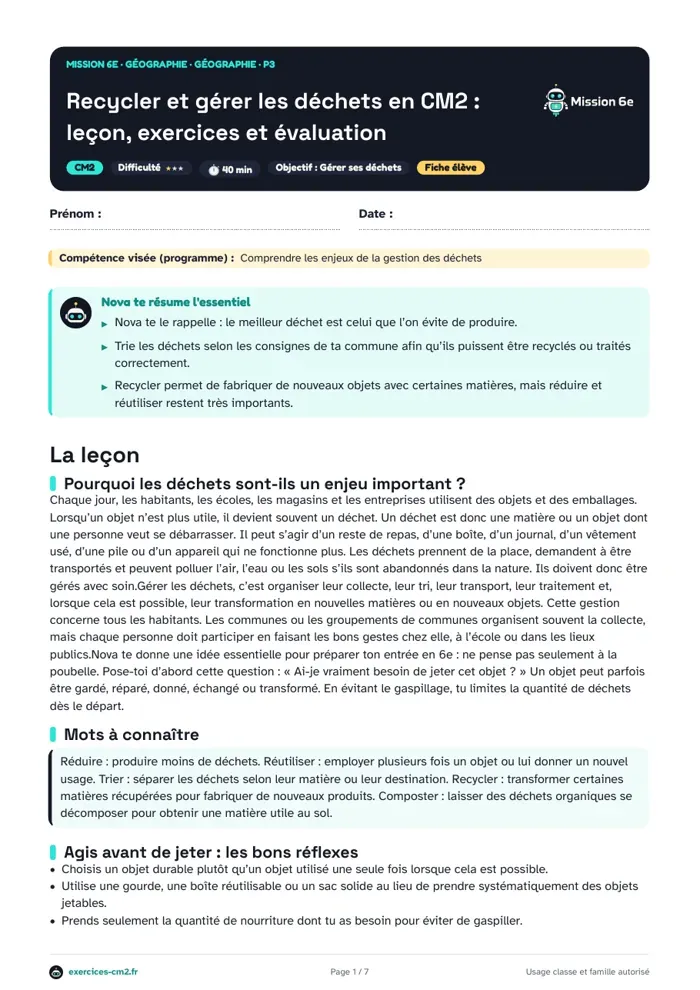 Aperçu du PDF à imprimer : Recycler et gérer les déchets en CM2 : leçon, exercices et évaluation