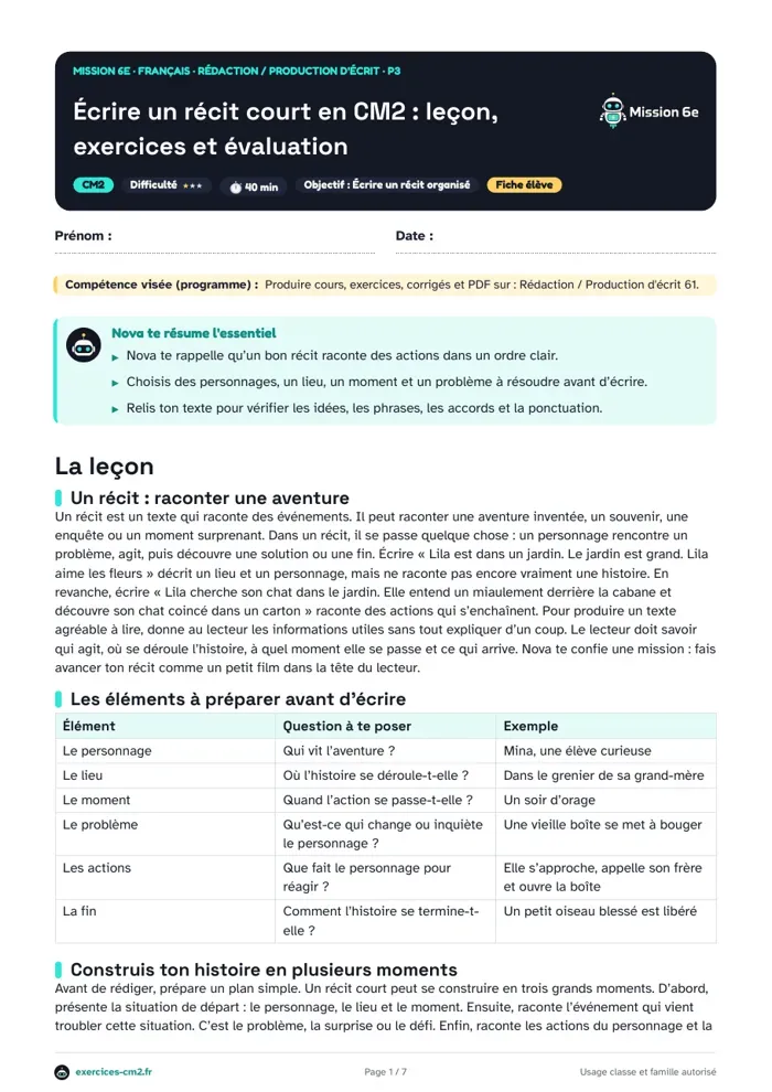 Aperçu du PDF à imprimer : Écrire un récit court en CM2 : leçon, exercices et évaluation
