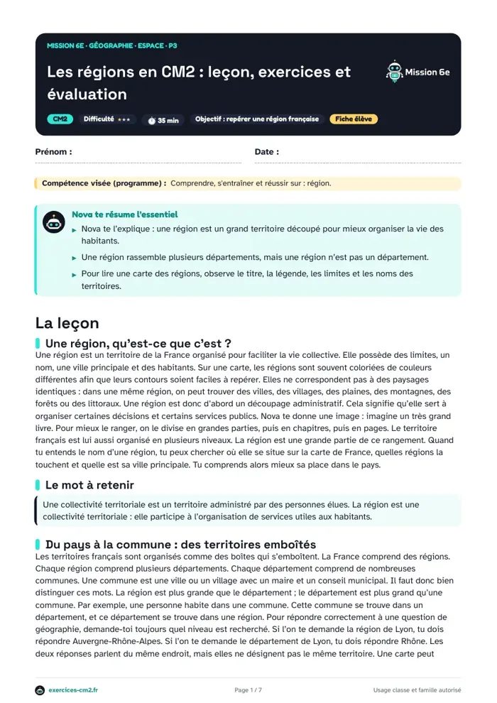 Aperçu du PDF à imprimer : Les régions en CM2 : leçon, exercices et évaluation
