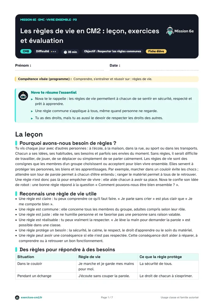 Aperçu du PDF à imprimer : Les règles de vie en CM2 : leçon, exercices et évaluation