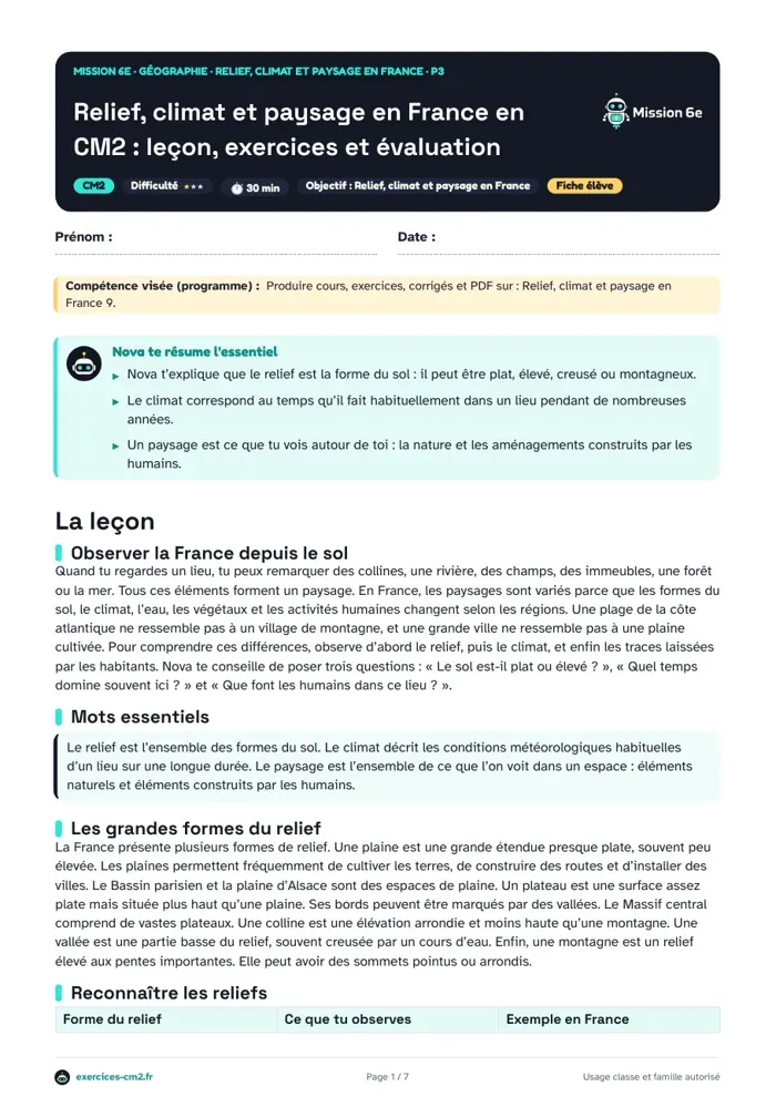 Aperçu du PDF à imprimer : Relief, climat et paysage en France en CM2 : leçon, exercices et évaluation