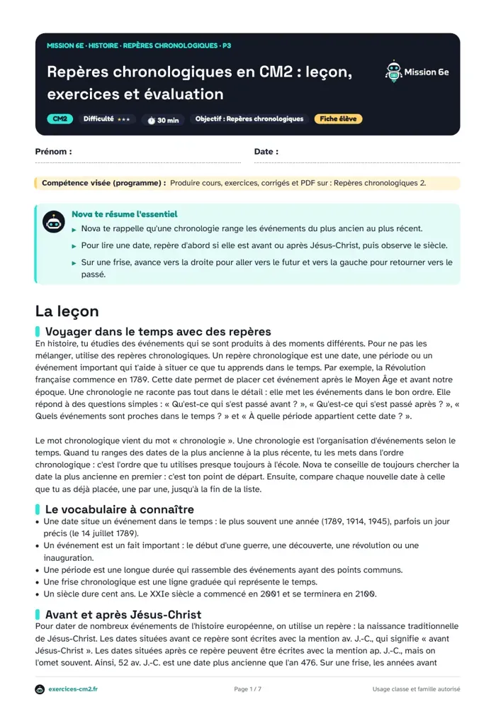 Aperçu du PDF à imprimer : Repères chronologiques en CM2 : leçon, exercices et évaluation