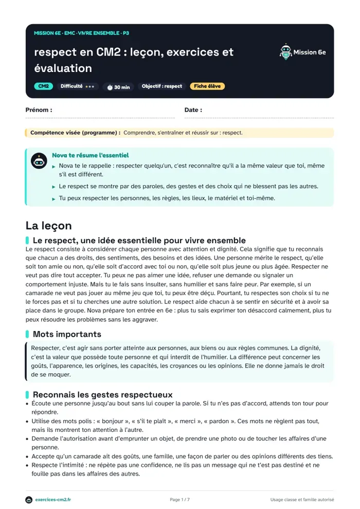 Aperçu du PDF à imprimer : respect en CM2 : leçon, exercices et évaluation