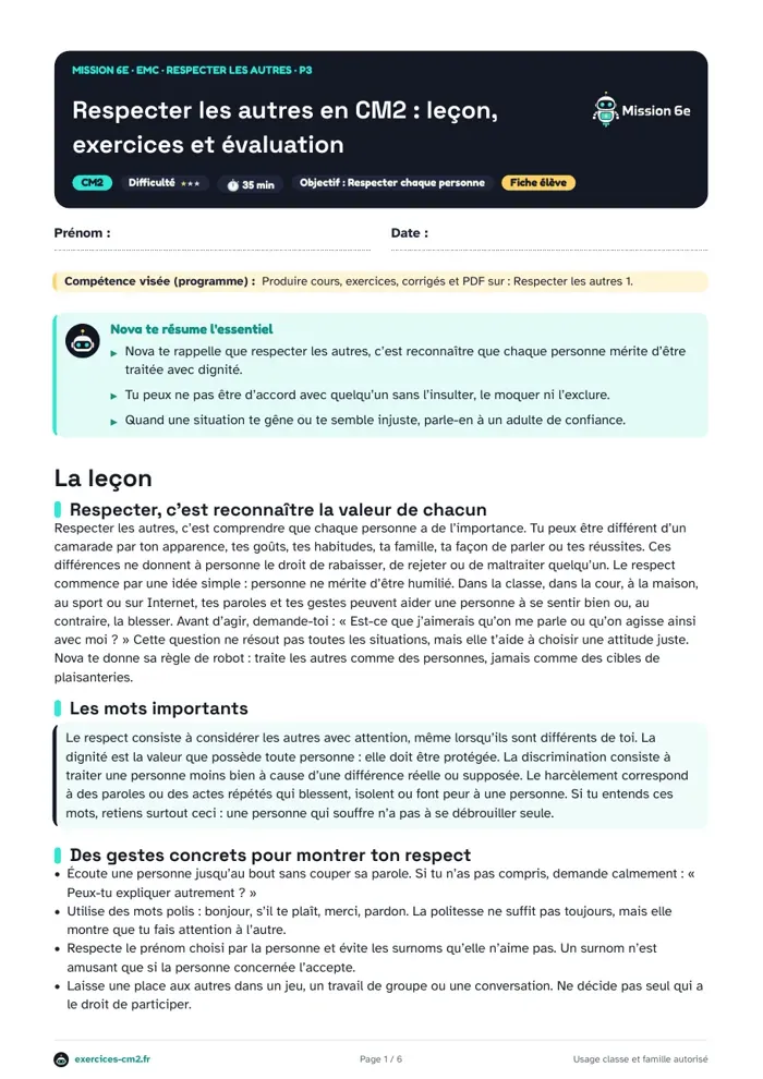 Aperçu du PDF à imprimer : Respecter les autres en CM2 : leçon, exercices et évaluation