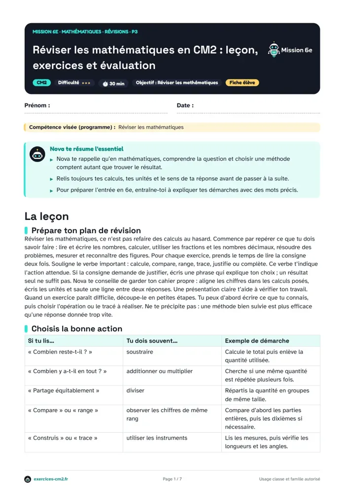 Aperçu du PDF à imprimer : Réviser les mathématiques en CM2 : leçon, exercices et évaluation
