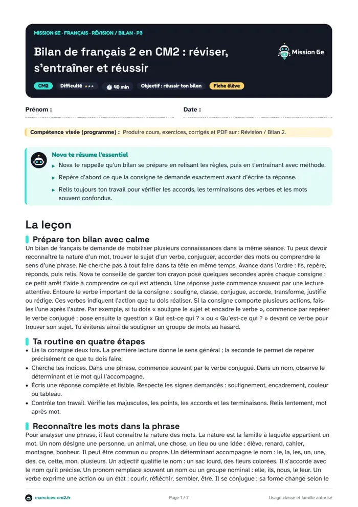 Aperçu du PDF à imprimer : Bilan de français 2 en CM2 : réviser, s’entraîner et réussir