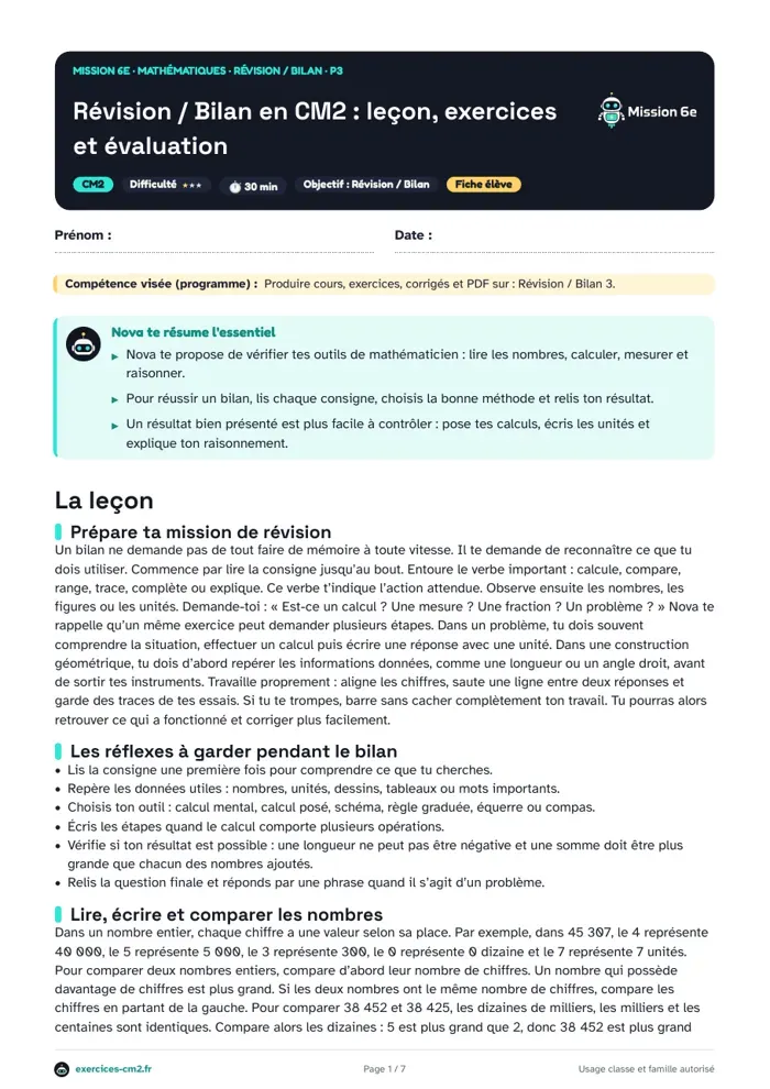 Aperçu du PDF à imprimer : Bilan de mathématiques en CM2 : nombres, calculs, fractions et mesures