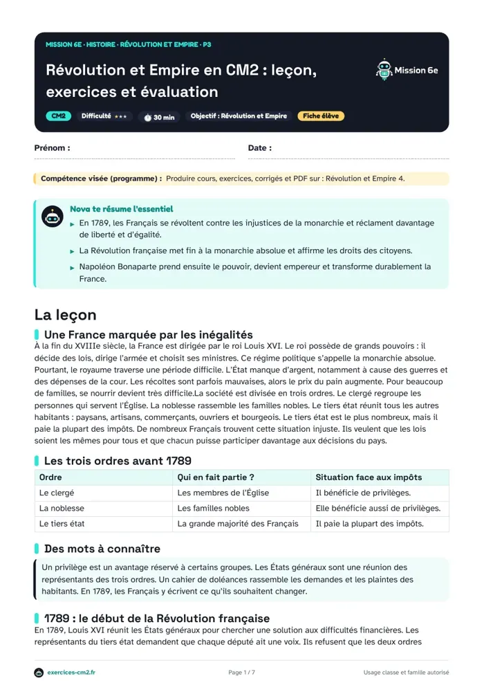 Aperçu du PDF à imprimer : Révolution et Empire en CM2 : leçon, exercices et évaluation