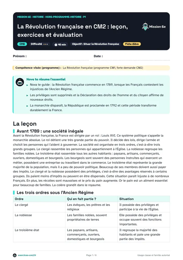 Aperçu du PDF à imprimer : La Révolution française en CM2 : leçon, exercices et évaluation