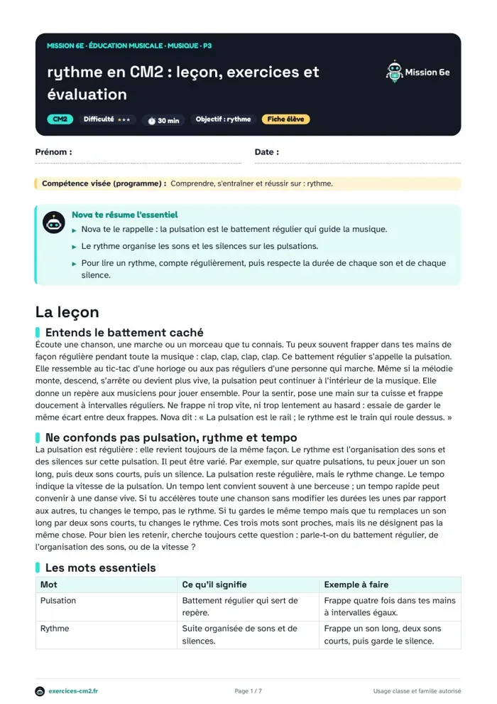 Aperçu du PDF à imprimer : Rythme en CM2 : leçon, exercices et évaluation